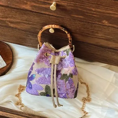 Sequin Linen Embroidery Clutch 